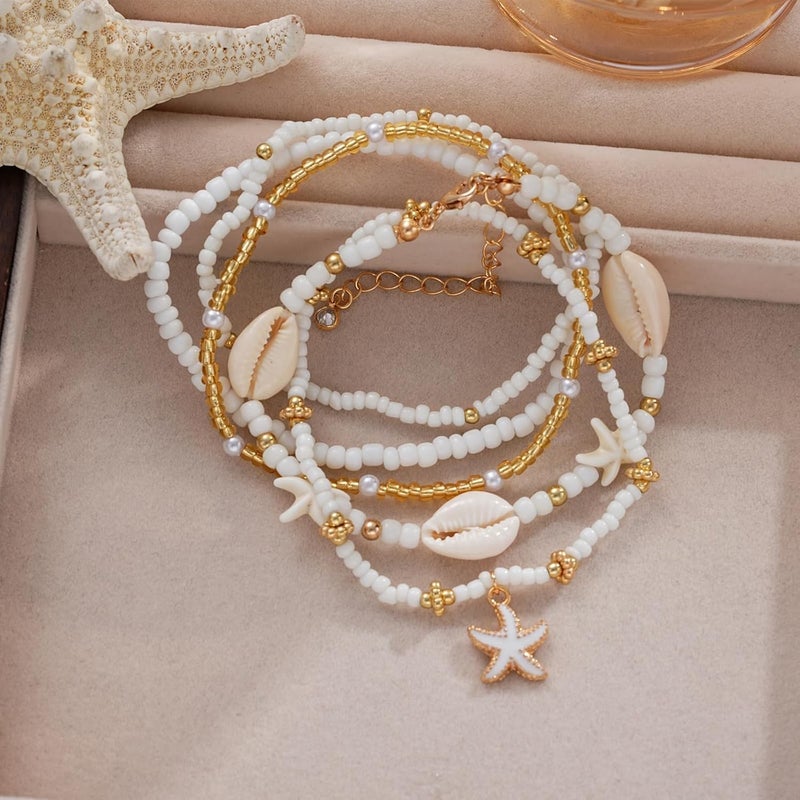 Shall Shell Boho Shell Ankle Bracelet Set for Women, 5 Pairs 14K Boho Bead Handmade Adjustable Anklet, Hawaiian Beach Seashell Starfish Foot Jewelry Gifts - Image 5